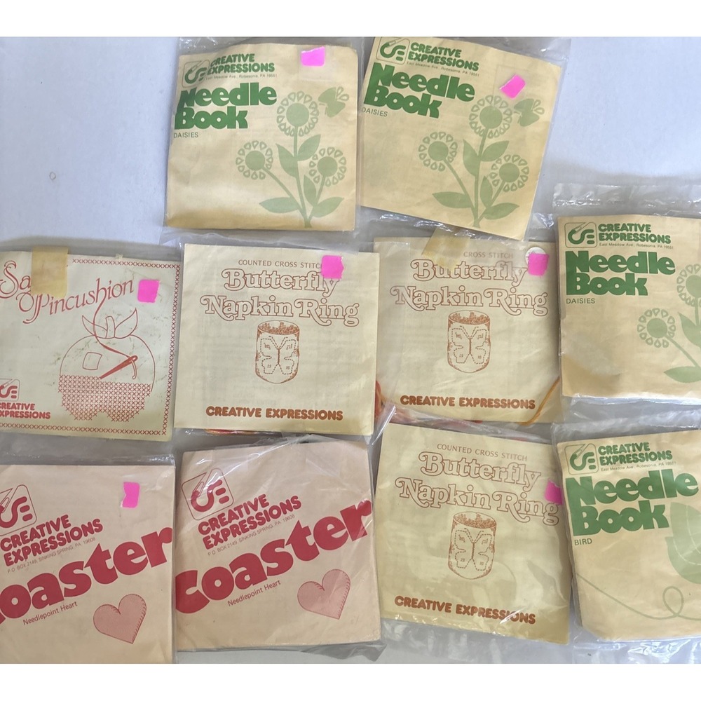 Creative Expressions Kits Vtg 80s Lot Of 10 Needlepoint Heart Flowers Apple Bird